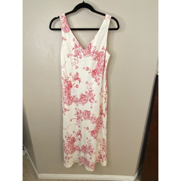 Jones New York Womens Red & White Floral Midi Dress Linen 12 Sleeveless V-Neck - Picture 2 of 7